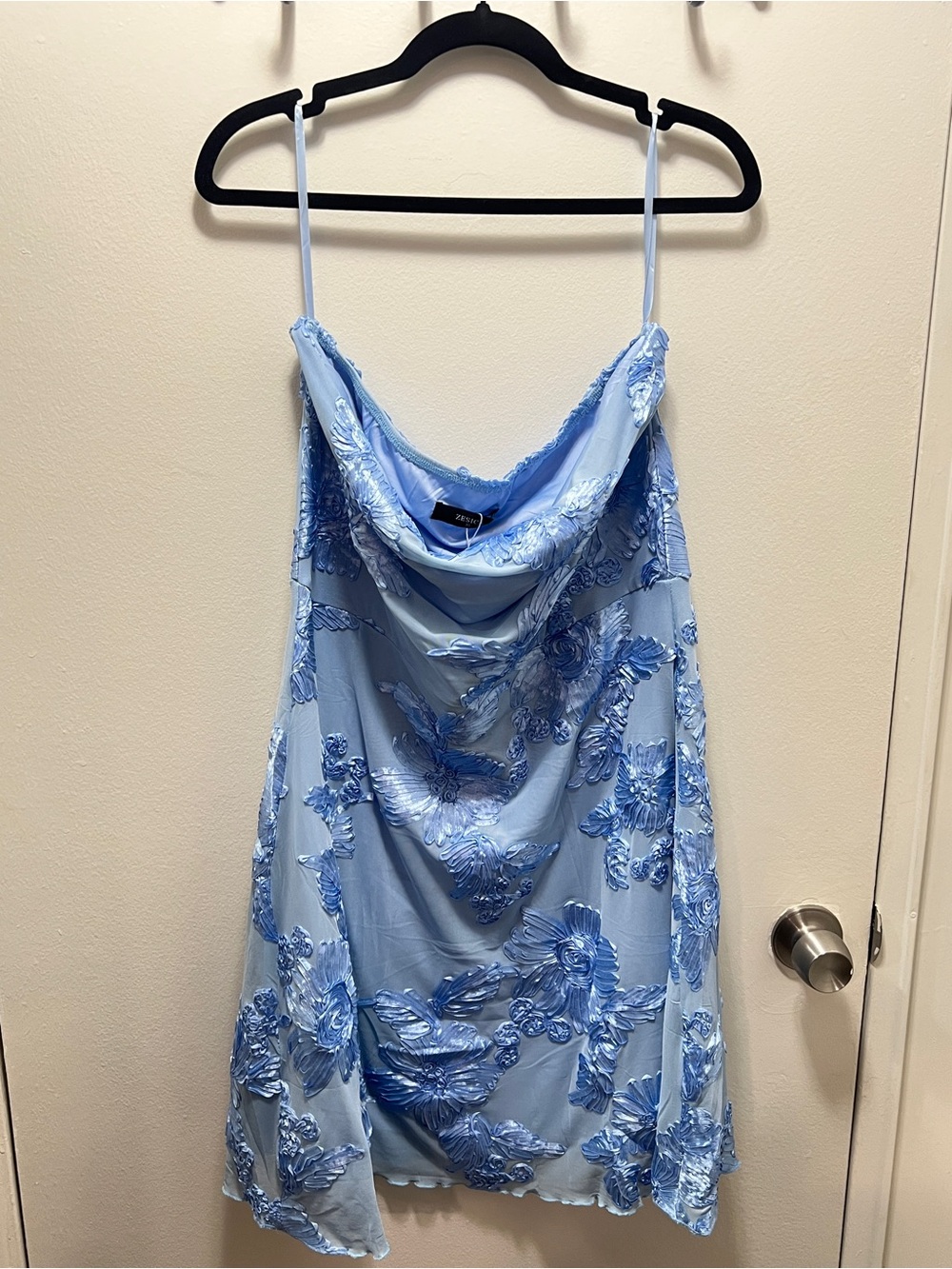 Strapless Light Blue Floral Appliqué Mini Dress - Picture 3 of 15